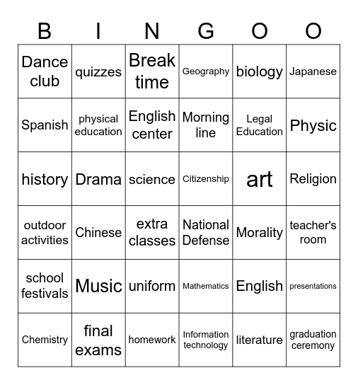 School Subjects Bingo Card