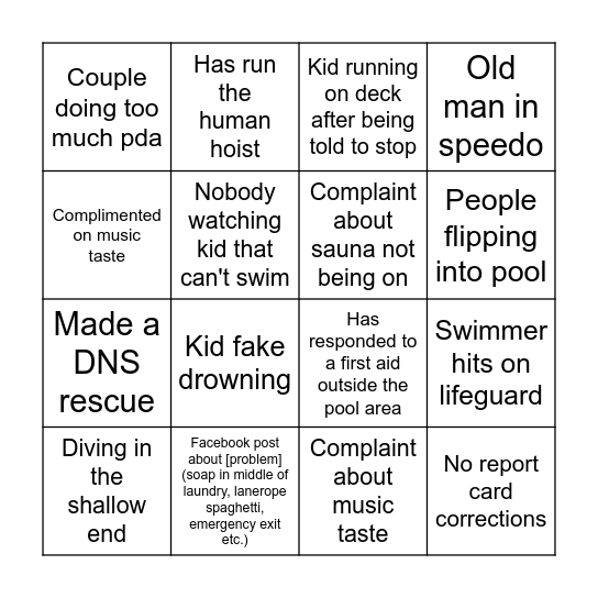 Lifeguard Bingo Card