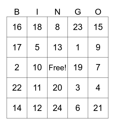 Number Bingo Card