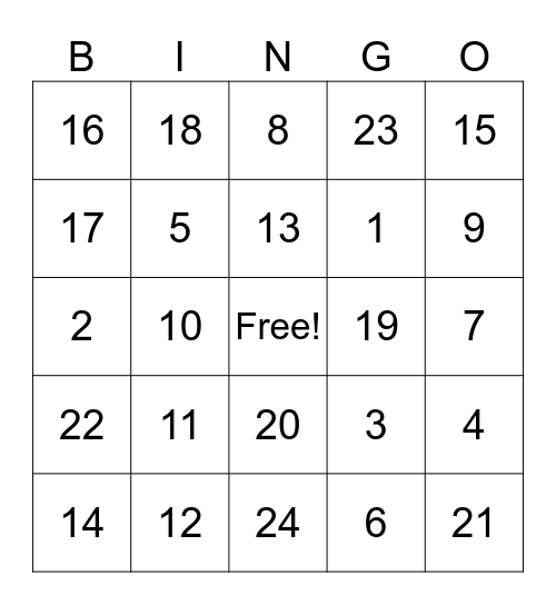 Number Bingo Card