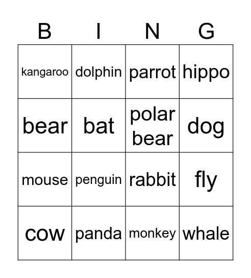 Animals Bingo Card
