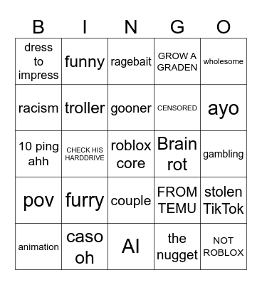 RIP roblox TikTok Bingo Card