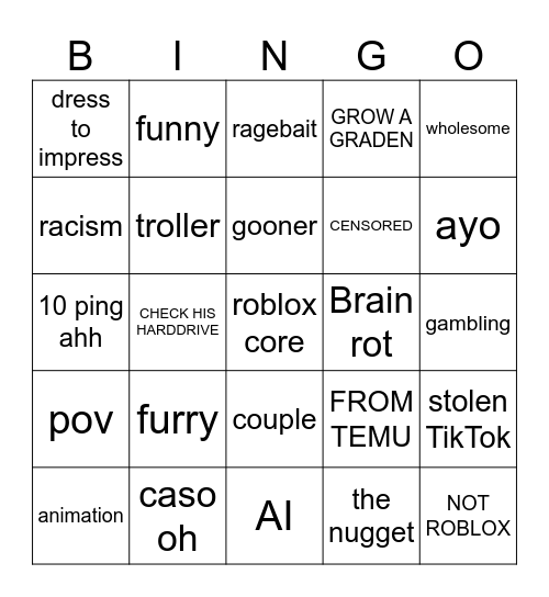 RIP roblox TikTok Bingo Card
