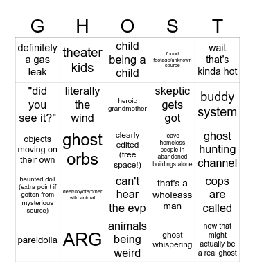Ghost Video Bingo Card
