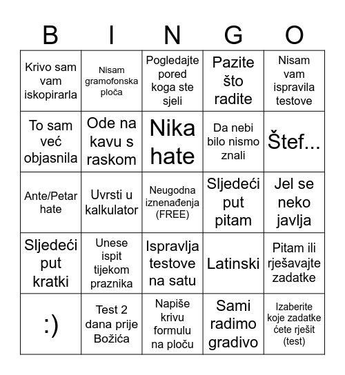 Ševa bingo Card