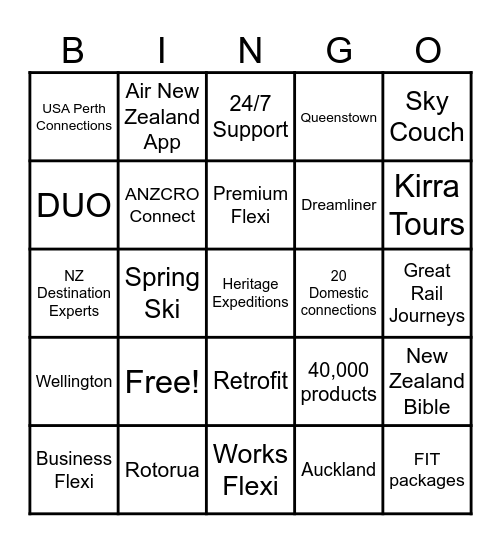 Air NZ & ANZCRO BINGO Card