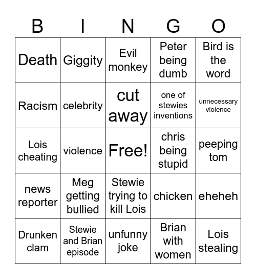 family guy Bingo Card
