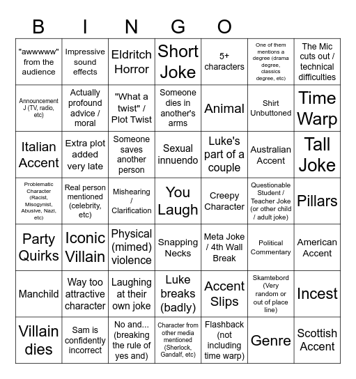 Shoot From The Hip Full Show BINGO Card