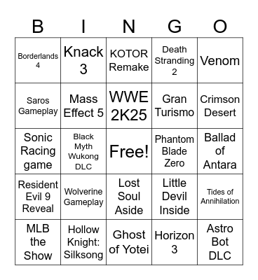 Sony State of Play 2025 Bingo Card