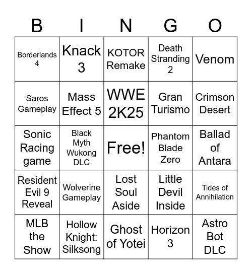 Sony State of Play 2025 Bingo Card