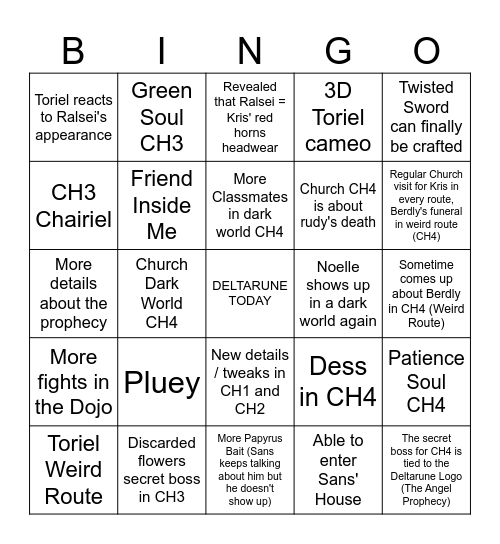 Deltarune Chapter 3 & 4 Bingo Card