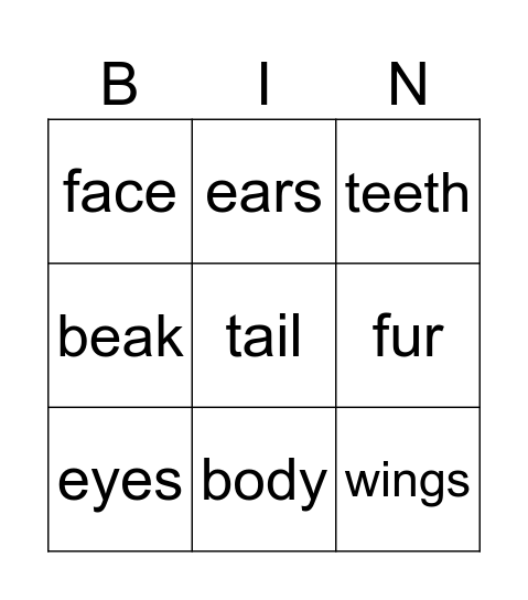 animals' body parts Bingo Card
