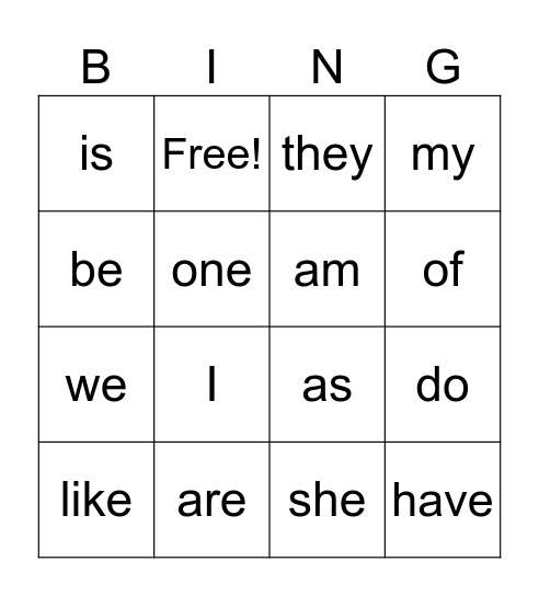 Trick Word Bingo Card