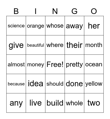 Sight Words Bingo Card