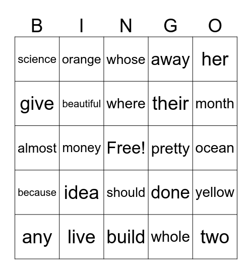 Sight Words Bingo Card