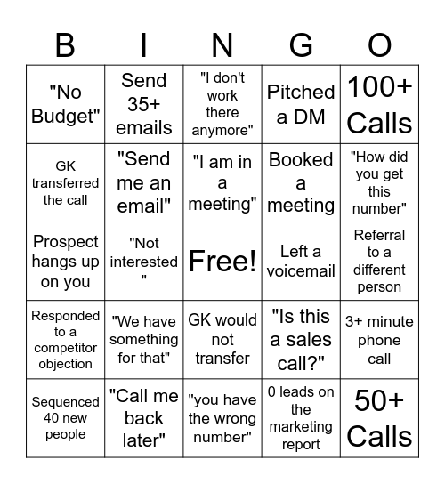 Cold Call Bingo Card