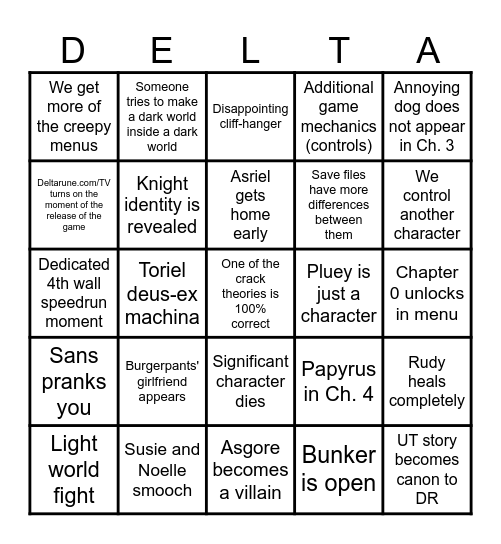 Deltarune Ch. 3+4 Bingo Card