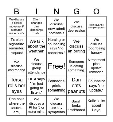 Treatment Team Bingo Card