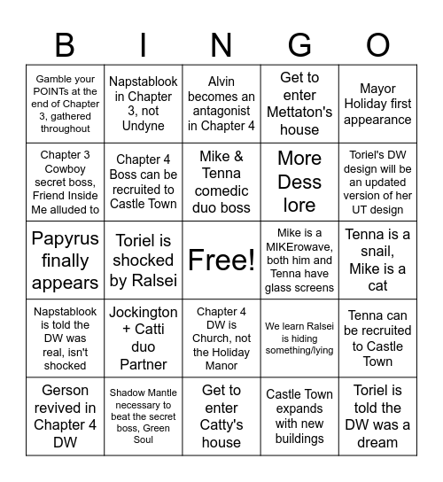 DELTARUNE Chapter 3 + 4 Bingo Card