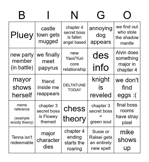 Deltarune chapter 3&4 last minute bingo Card