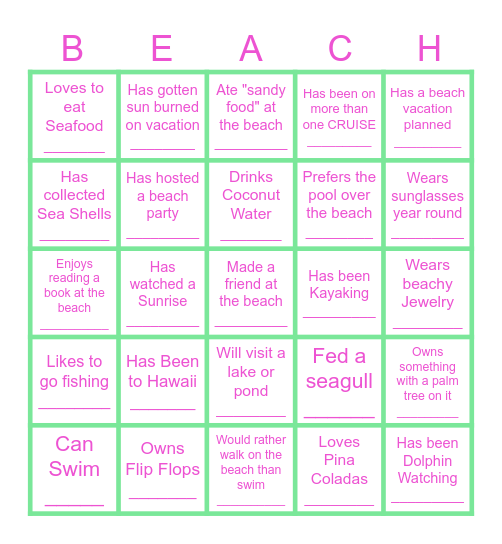 BEACH BINGO Card