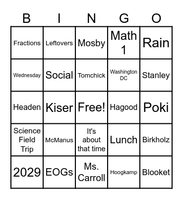 8th grade Bingo Card