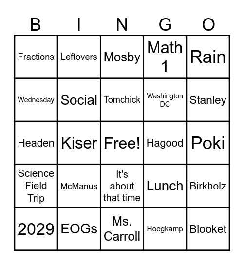 8th grade Bingo Card