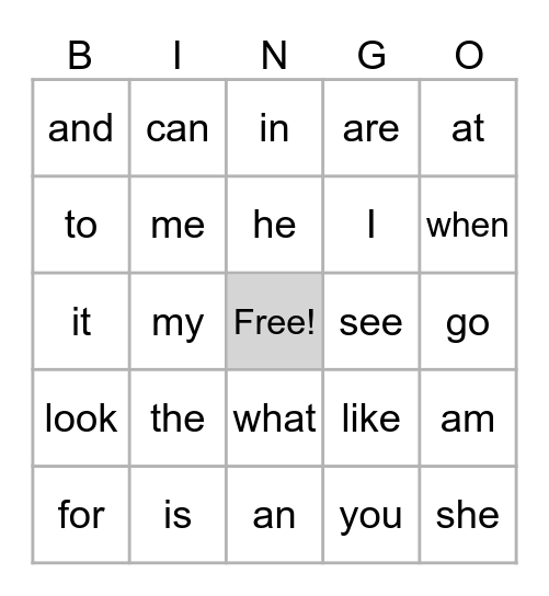 Sight Word Bingo Card