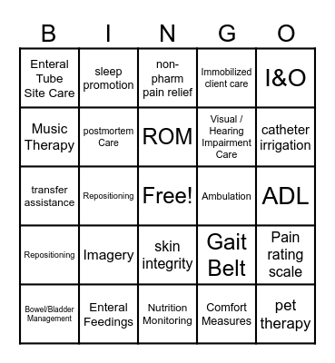 Basic Care and Comfort Bingo Card