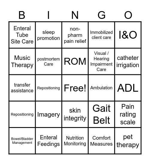 Basic Care and Comfort Bingo Card