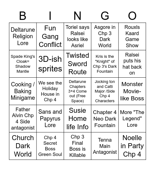 Deltarune Chapters 3+4 Bingo Card