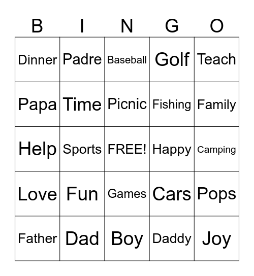 Fathers Day Bingo Card