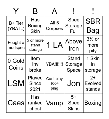 YBA Bingo Card