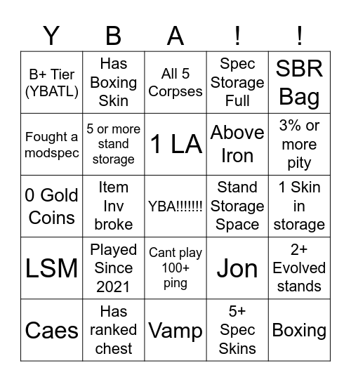 YBA Bingo Card