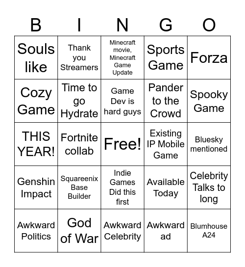 Summer Games Bingo Card