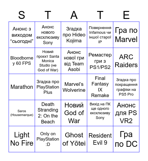 State of Play Bingo Card