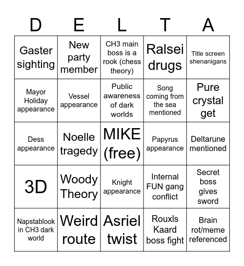 Deltarune Bingo Card