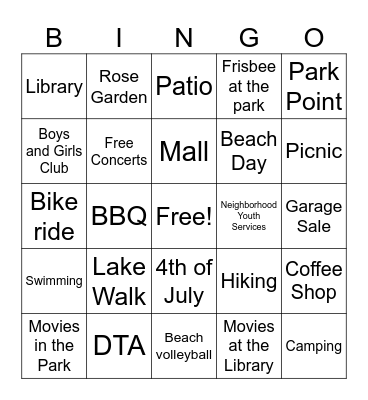 Summer Bingo Card