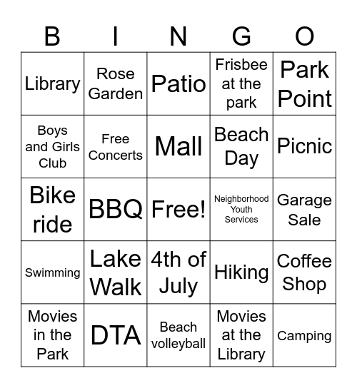 Summer Bingo Card