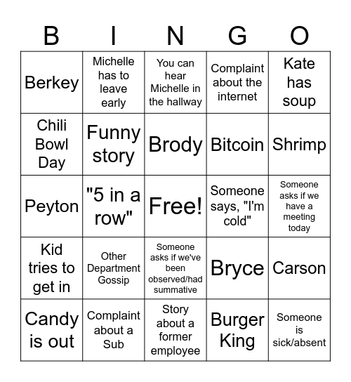 Lunch Bingo Card