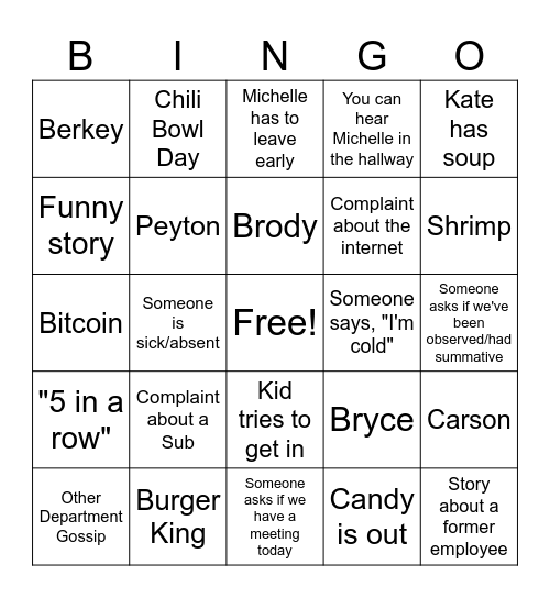 Lunch Bingo Card