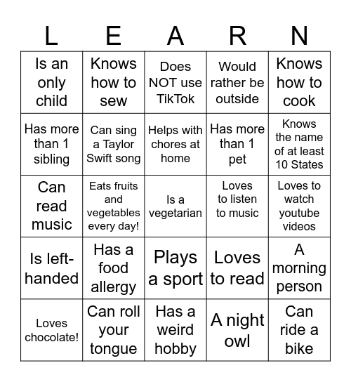 Next Level Learning Bingo Card