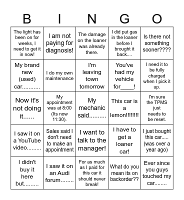 Audi Service Bingo Card
