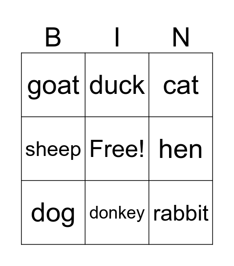 Farm animals Bingo Card