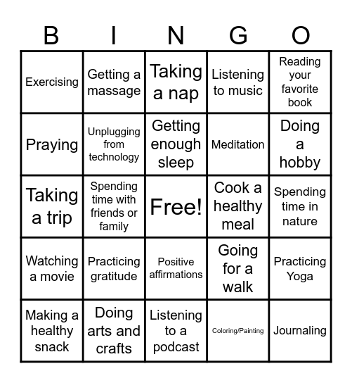 Self Care Bingo Card