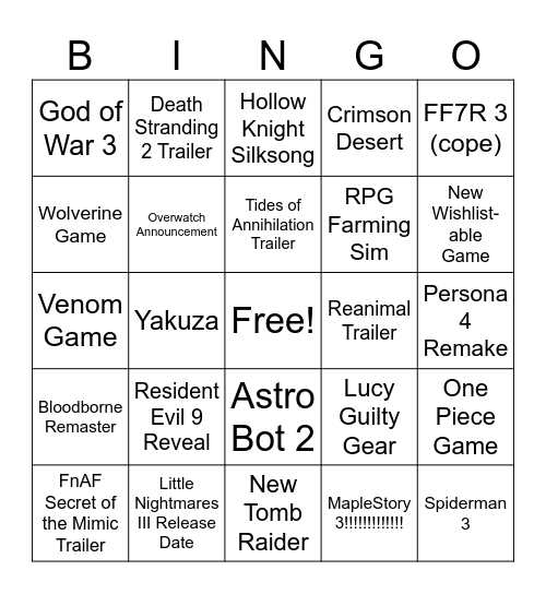 State of Play/Summer Game Fest Bingo Card Bingo Card