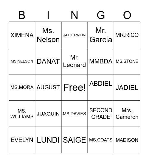 Class Names Bingo Card