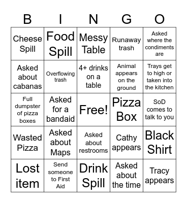 Busser Bingo (Safari Pizza) Bingo Card