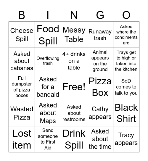 Busser Bingo (Safari Pizza) Bingo Card