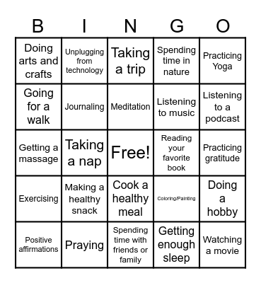 Self Care Bingo Card